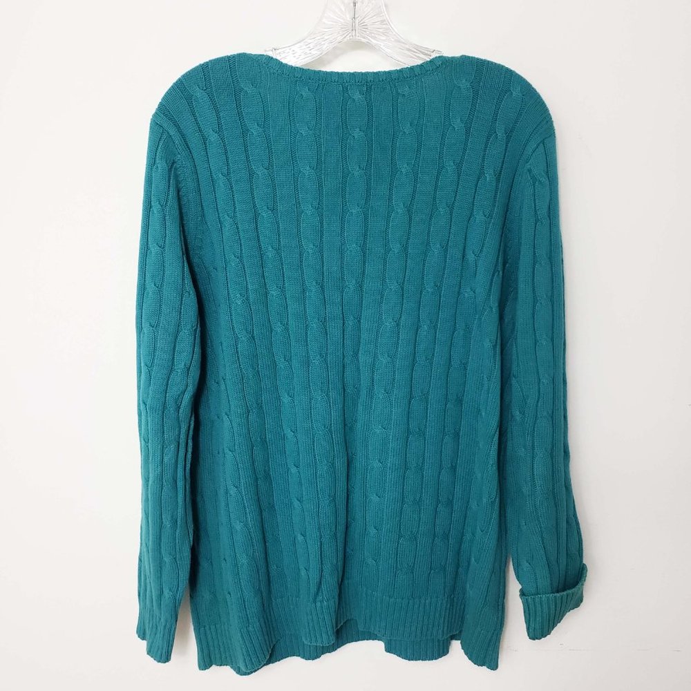 Chaps Women's Emerald Green V Neck Long Sleeve Cable Knit Top Sweater - Picture 6 of 10